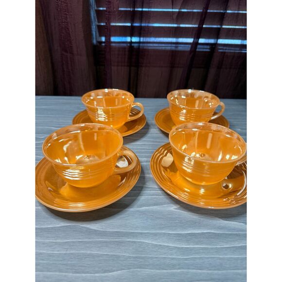 Vintage Fire-King Peach Lustre Cups & Saucers (Set of 4) – 1950s Anchor Hocking - Picture 2 of 5